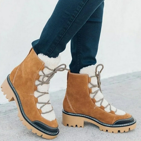 Soludos Aspen Cozy Boots Leather/Faux Fur lace-up winter Brown Women's Size 9 - Picture 1 of 7